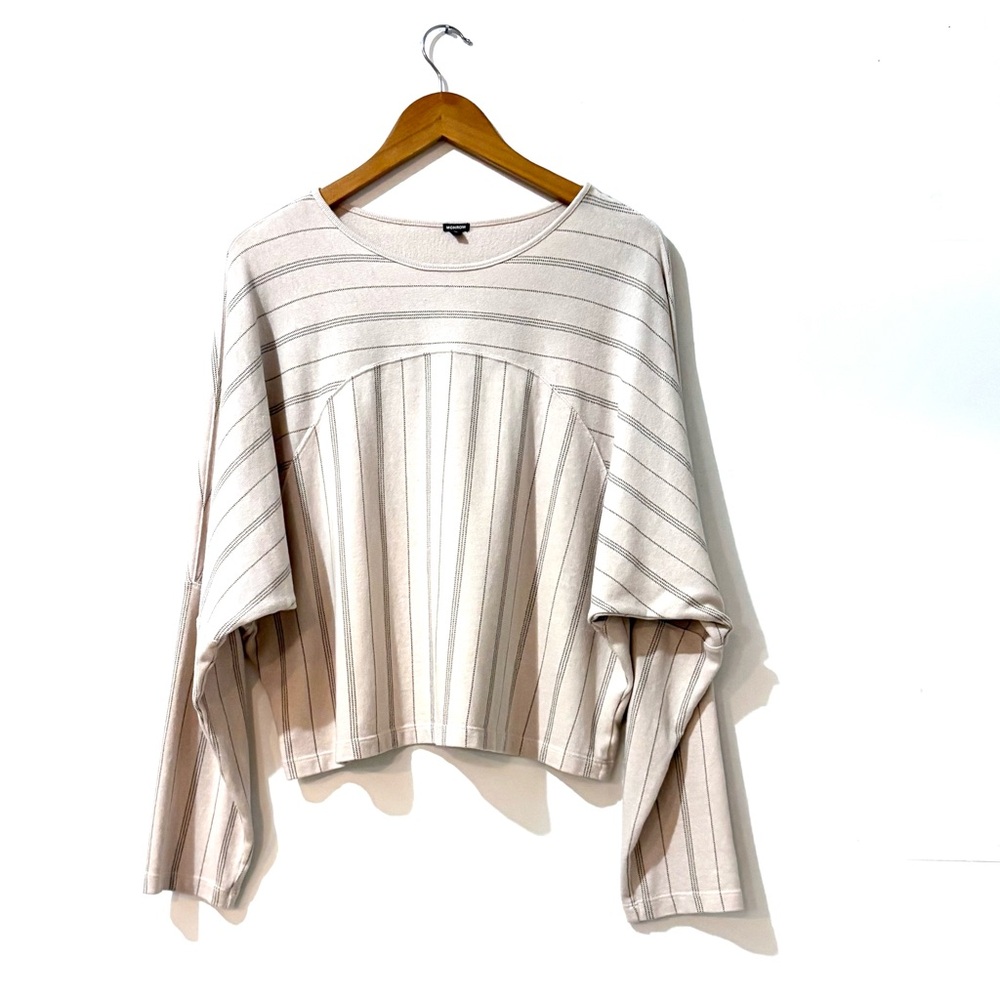 Monrow XL Beige & Black pinstriped Batwing Long Sleeve Boxy Sweatshirt NWOT